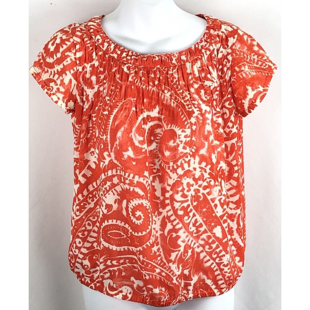 Vintage Smocked Baby Doll Top XSP Orange Geo Ruched Banded Boho beach Hippie